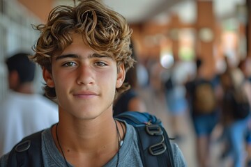 Fototapeta premium Teenage Boy with Backpack in School Hallway