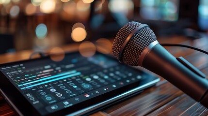 Obraz premium An advanced podcast microphone placed next to a tablet with stylus highlighting the essentials for digital art and audio recording in a tech-driven environment
