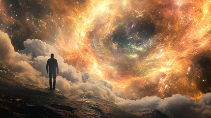 Fototapeta premium A man stands on the edge of the clouds, watching a cosmic vortex of golden and orange glowing gases, as if lost among the stars.