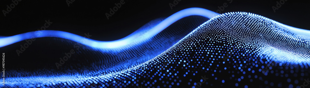 Poster grainy background. abstract glowing waves with dotted patterns in blue tones, creating a mesmerizing