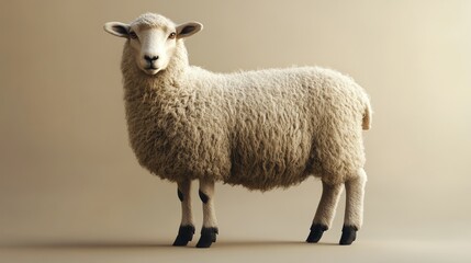 Fototapeta premium A white sheep standing on a light brown background.