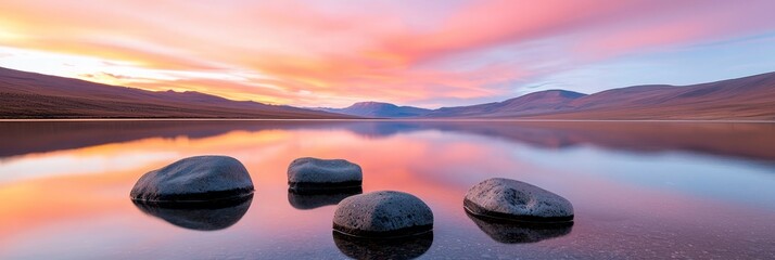  A collection of boulders perched atop a tranquil lake Behind, a mountain backdrop boasts a rosy-blue sunset