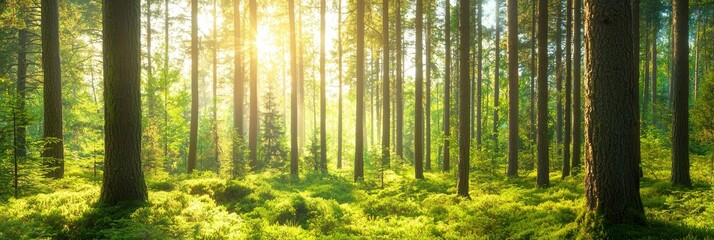  The sun shines through the green forest, where tall trees with lined trunks dominate the landscape