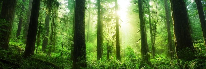  The sun shines through the trees in a dense green forest, filling it with ferns on a sunny day