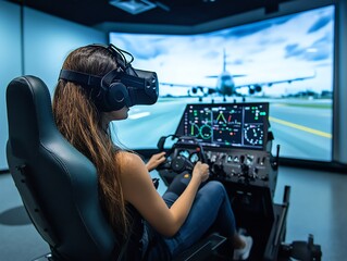 Young woman in a virtual reality headset simulates piloting an airplane in a flight simulator.
