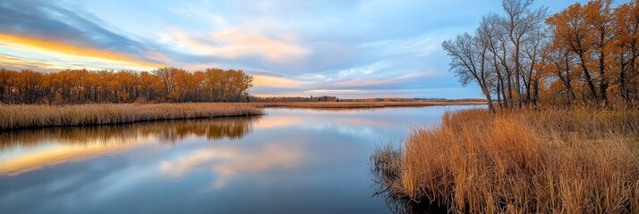  A body of water encircled by tall grass and trees with vibrant orange and yellow leaves