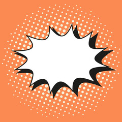 Comic starburst banner with speech bubble. Pop art halftone background. Red pattern with dots and beams. Superhero wow print. Cartoon retro sunburst effect. Vintage texture. Vector illustration.