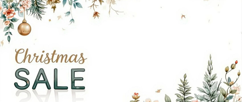 A vibrant Christmas sale banner showcases sleek typography against a clean white backdrop, adorned with festive floral decorations, inviting shoppers to explore seasonal discounts