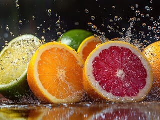 Freshly sliced citrus fruits splashing in water, showcasing vibrant colors and refreshing nature, perfect for healthy lifestyle themes.