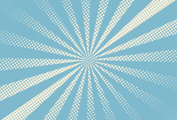 Blue and yellow retro duotone banner. Halftone comic starburst pattern. Pop art background. Cartoon print with beams. Vintage sunshine texture. Superhero sunburst backdrop. Vector illustration.