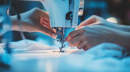Close-up of hands using a sewing machine, working with fabric. Concept of craftsmanship, sewing, tailoring, and handmade clothing.