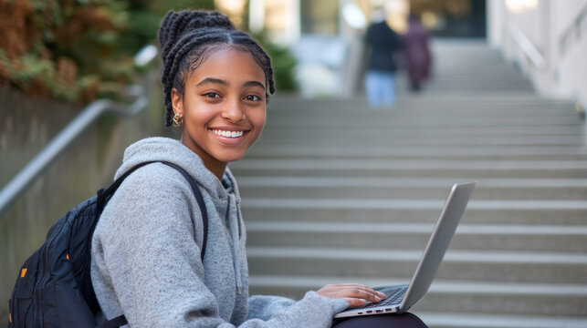 Smiling Young African American Woman Working on Laptop Outdoors