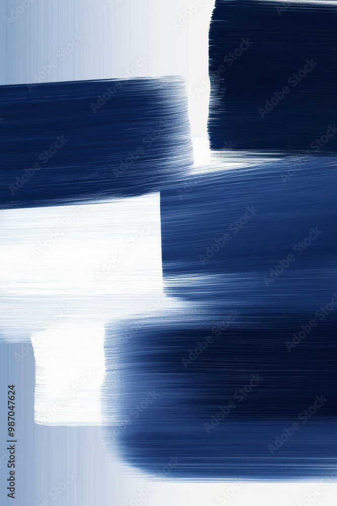 Poster an abstract composition featuring bold, dynamic brush strokes in navy blue and white, creating a mod
