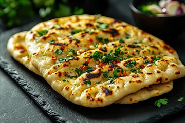 A black plate topped with three flatbreads covered in herbs and spices