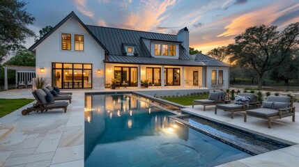 Obraz premium Luxurious Modern House with Swimming Pool at Dusk