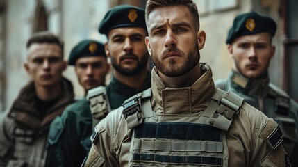 Fototapeta premium Soldier, navy man, and air force service man standing in building.