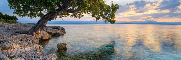 Fototapeta premium A tree on a cliff's edge, overlooking water, and a mountain behind