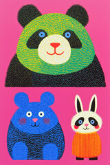 Fototapeta premium Colorful illustration of cute animals, including a panda, bear, and rabbit, set against a vibrant pink background. Ideal for children's themes.