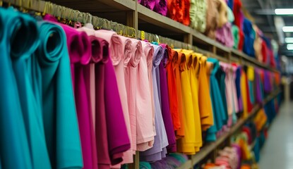 Colorful fabric rolls neatly arranged on shelves in a textile store, offering a vibrant array of options for fashion and crafting projects.