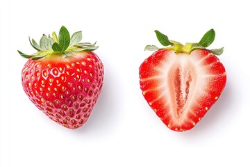 Strawberry isolated. Strawberry isolate. Whole, half, cut strawberry on white. Strawberry isolate. With clipping paths, ai