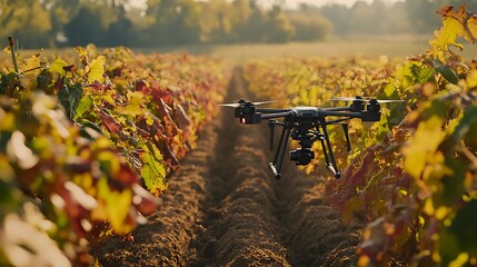 A black drone flying over rows of grapevines in a vineyard, with a blurred background of trees and a golden sunset.