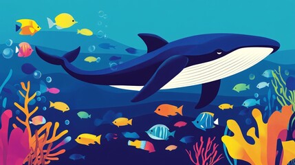 Fototapeta premium Whale swimming among colorful fish and coral.