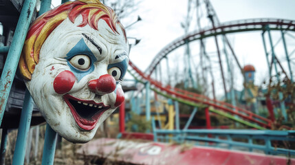 Wander through an eerie abandoned theme park, where dilapidated roller coasters loom and unsettling clown statues evoke a sense of nostalgia and unease