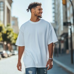 Men white oversized tshirt mockup. Young man model wearing basic crewneck t-shirt mock up. Men's regular shirt, front view of casual tee, urban lifestyle