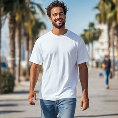 Men white oversized tshirt mockup. Young man model wearing basic crewneck t-shirt mock up. Men's regular shirt,  front view of casual tee, urban lifestyle