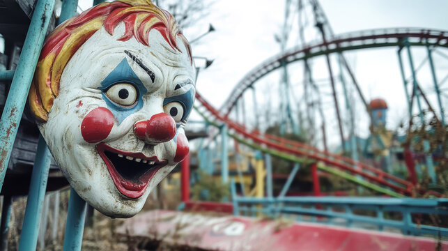 Wander through an eerie abandoned theme park, where dilapidated roller coasters loom and unsettling clown statues evoke a sense of nostalgia and unease