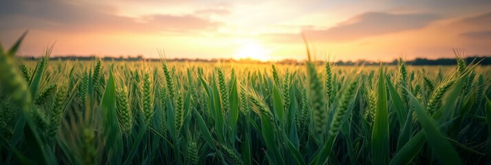  A field of tall grass with the sun setting in the distance