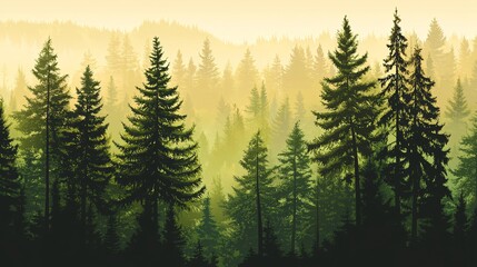 Lush forest with evergreen trees at sunrise.