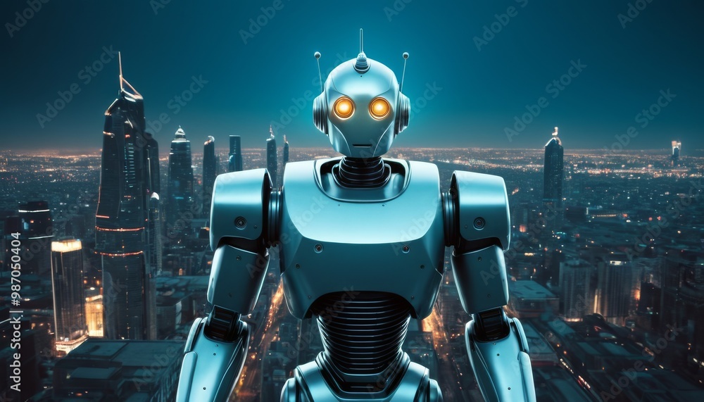 Poster a futuristic robot with glowing yellow eyes stands tall against a modern cityscape at night. the ima