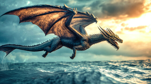 A magnificent dragon glides over roaring ocean waves as sunset casts a golden glow, bridging sky and sea in an enchanting display of mythical wonder - Powered by Adobe