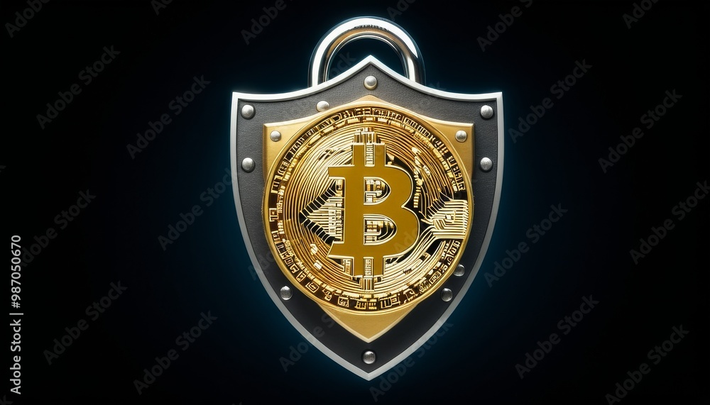 Poster a powerful image of a golden bitcoin emblem encased within a metallic shield, symbolizing security a