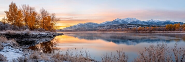 Fototapeta premium A large body of water surrounded by snow-covered mountains and a forest with orange and yellow trees in the foreground
