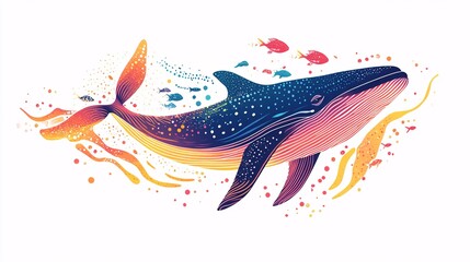Colorful whale illustration, white isolate background