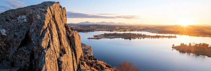 sun sinks over water body, mountains backdrop