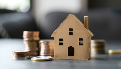 House model and stacked coins on grey table indoors, closeup
