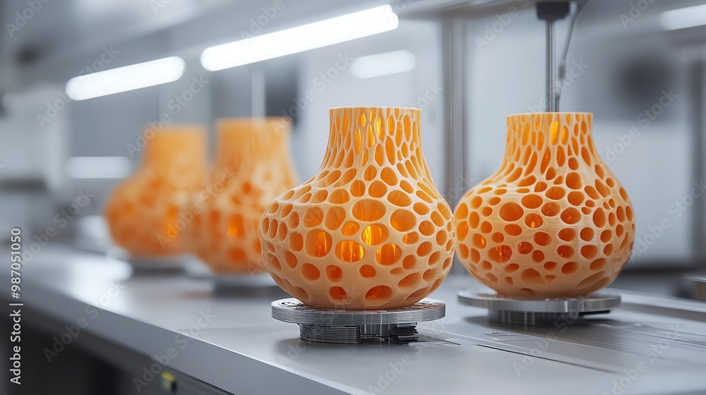Poster 3d printed orange vases with a honeycomb pattern on a white surface.