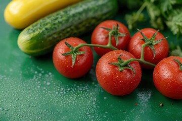 the freshest cucumbers and tomatoes for salad on a green background , ai