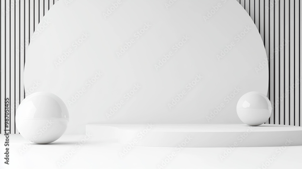 Poster minimalistic studio setup featuring white forms on a sleek platform, perfect for showcasing products