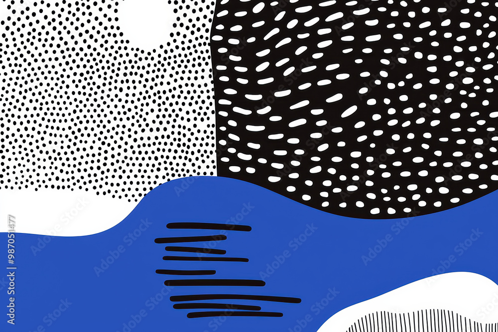 Aufkleber abstract graphic art featuring black and white patterns contrasted with vibrant blue waves, creating