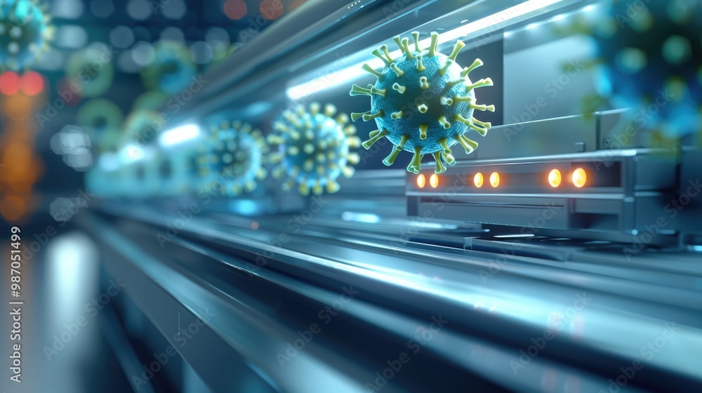 Poster An advanced, futuristic copy machine in a sterile lab setting, producing glowing viral particles instead of paper. The viruses are small, and they are emerging from the machine in rapid succession.