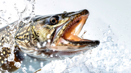 A vibrant pike fish bursts from the water, mouth wide open, sending splashes in a serene, white background that enhances its beauty