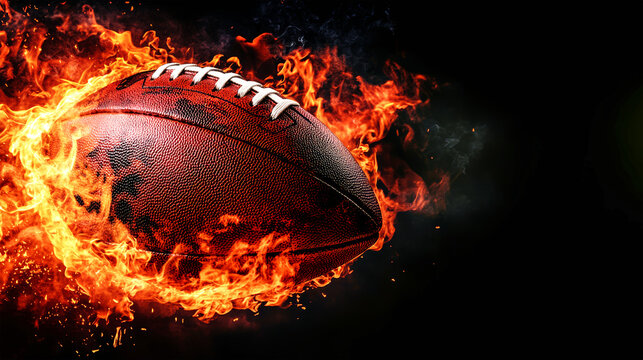 A rugby ball bursts into flames, creating a striking visual against a black background. The fiery display captures the essence of energy and intensity in sport - Powered by Adobe