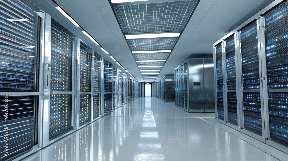 Poster rows of servers create a hum of vibrant activity in a state-of-the-art data center, showcasing cutti