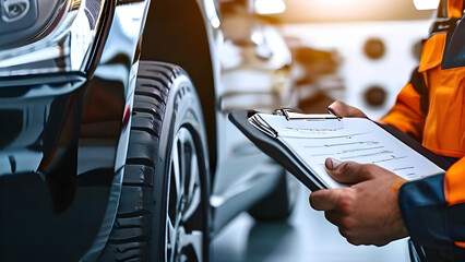 Obraz premium Auto check, car service shop concept. Automobile repairman writing job checklist on clipboard, mechanic checking engine to estimate repair machine, inspecting maintenance by engineer at vehicle garage