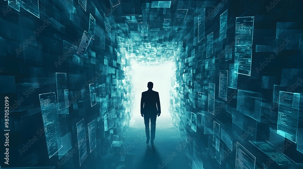 Poster silhouetted figure navigating a digital maze of floating ideas,representing the path to business