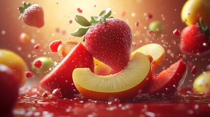 Dynamic image of fresh strawberry and peach slices, highlighting vibrant colors and juice splashes in a lively composition.